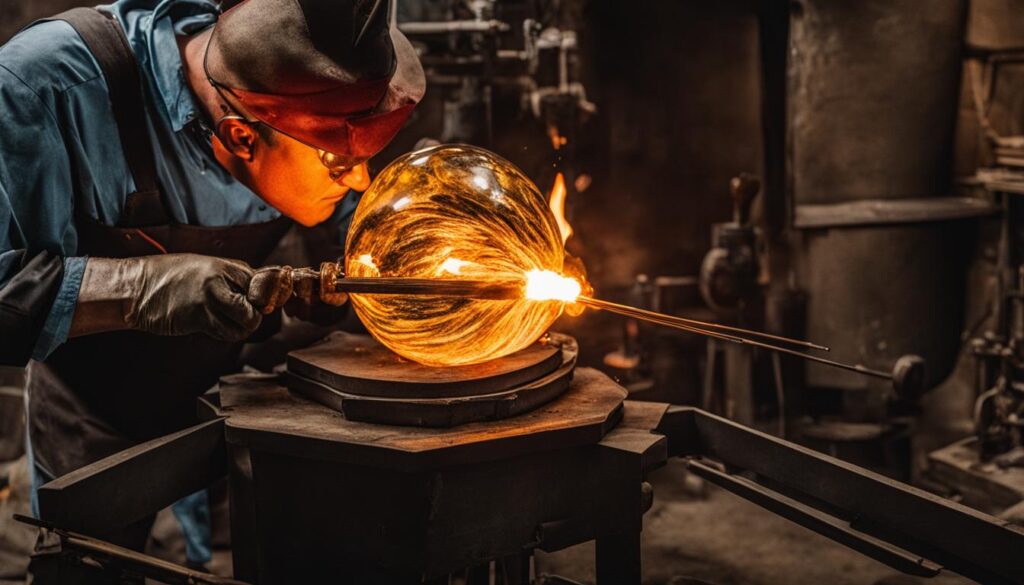 A glassblower expertly shaping a molten orb of glass with long-bladed tools in a glowing furnace.