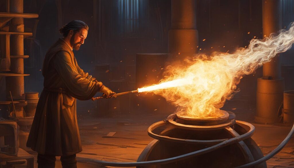 glass blower holding a long tube with molten glass at one end, hovering over a round furnace surrounded by glowing flames. The other end of the tube is in the artist's mouth as they blow air into it to shape the glass. Their body is positioned in a graceful stance, with one hand steady on the tube and the other holding a metal rod to sculpt the glass. The room around them is dimly lit with warm, golden light and there are various tools and molds scattered on tables and shelves nearby.