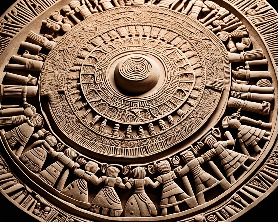 ancient civilization carving intricate designs into a clay surface, surrounded by curious onlookers."
