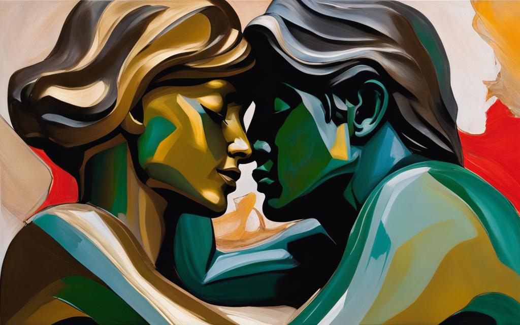 sensuality and intimacy of "The Kiss" by Rodin in a modern, abstract style. Use bold lines and shapes to convey the passion between the two figures, while keeping the overall composition simple and iconic. Incorporate contrasting colours and textures to add depth and interest to the image.