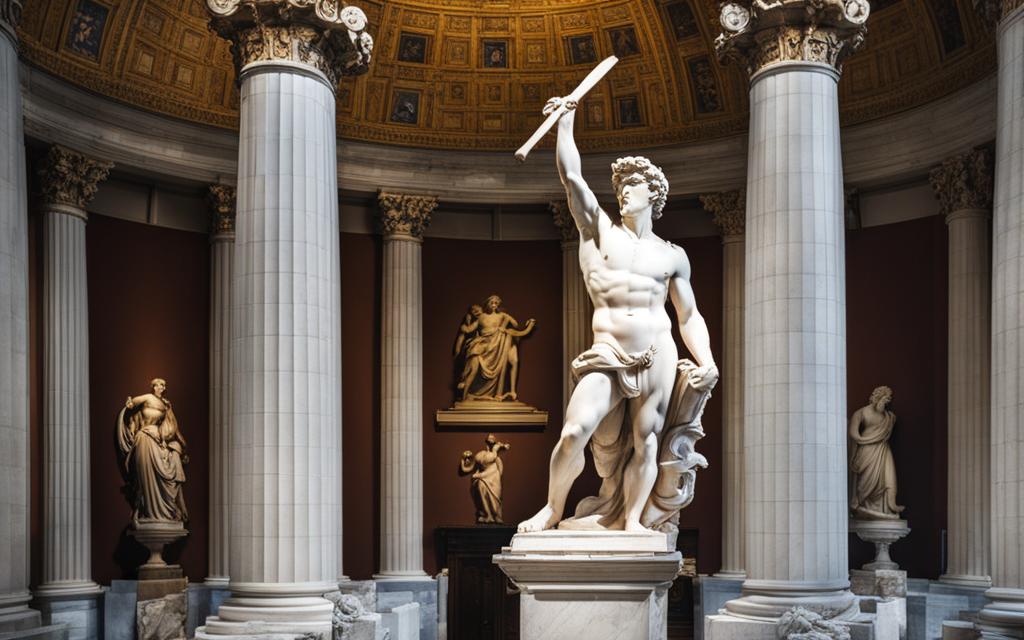 image of a towering sculpture depicting the biblical figure David, chiseled from a block of marble by the legendary Michelangelo. The statue is posed in mid-stride, with one arm raised and his slingshot at the ready. Surrounding the statue are various tools of the sculptor's trade, including chisels, hammers, and blocks of marble. The light source casts dramatic shadows across the statue's features, highlighting its intricate details and expert craftsmanship.