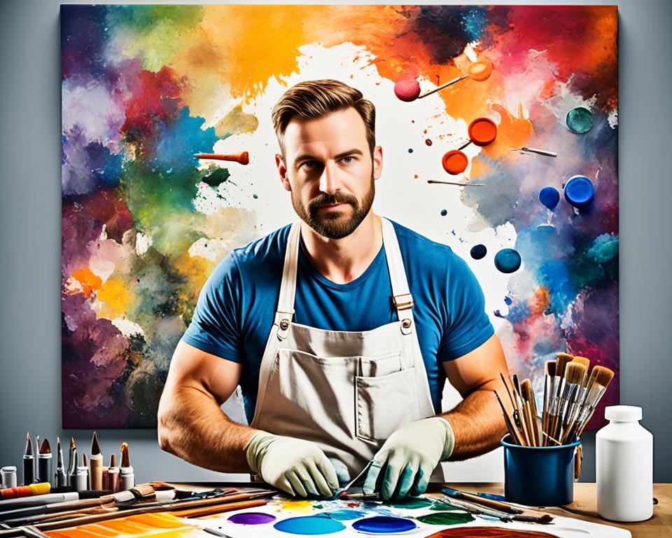  painter standing in front of a canvas, surrounded by various tools and supplies. The painter's face is focused and determined as they carefully apply layers of vibrant colors to the canvas. In the background, depict famous works of art from different time periods, reflecting the rich history and evolution of painting as an art form. The overall composition should convey the complexity and beauty of painting, as well as the passion and skill required to create a masterpiece.
