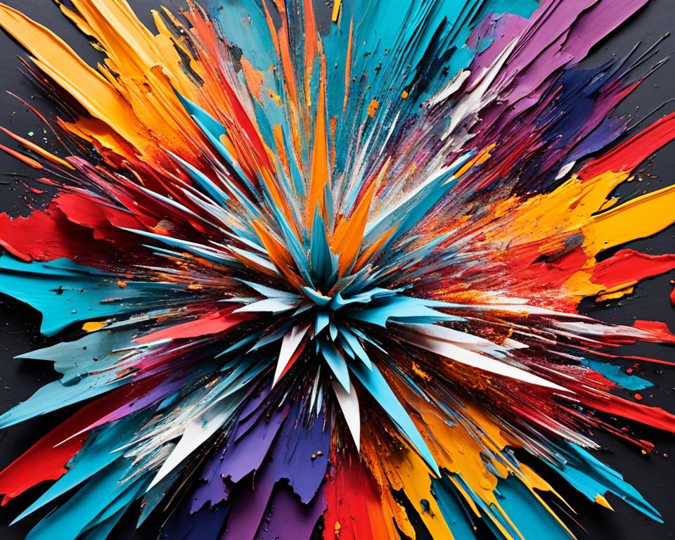 "Explosive colors and textures collide in a chaotic yet harmonious dance, as various materials and mediums come together to form a vibrant mixed media artwork."