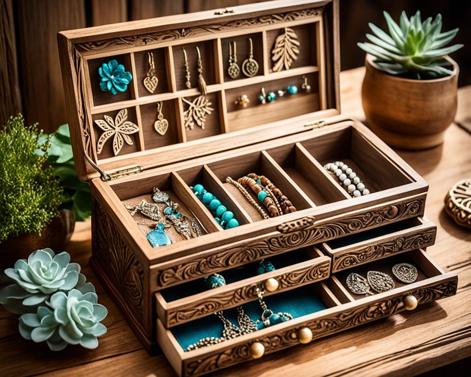 wooden jewelry box, adorned with intricate carvings and featuring multiple compartments for organizing different accessories. The box sits on a rustic wooden table, surrounded by various handcrafted wooden jewelry pieces, such as earrings, necklaces, and bracelets. The background features a warm and cozy setting, with soft lighting, plants, and other decorative items. The image should showcase the beauty and practicality of functional crafts in everyday life.