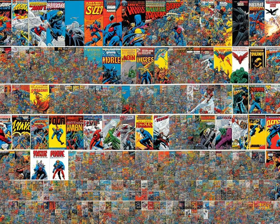 image showcasing the iconic cover art of the most popular comic books of all time, arranged in a visually stunning display. Each cover should be distinct and recognizable, featuring bold colors and dynamic compositions that draw the eye. The covers should be arranged in a way that creates a sense of movement and flow, with each one leading seamlessly into the next. The overall effect should be one of excitement and anticipation, inviting viewers to dive into these beloved stories and explore the rich history of comic book art and icons.