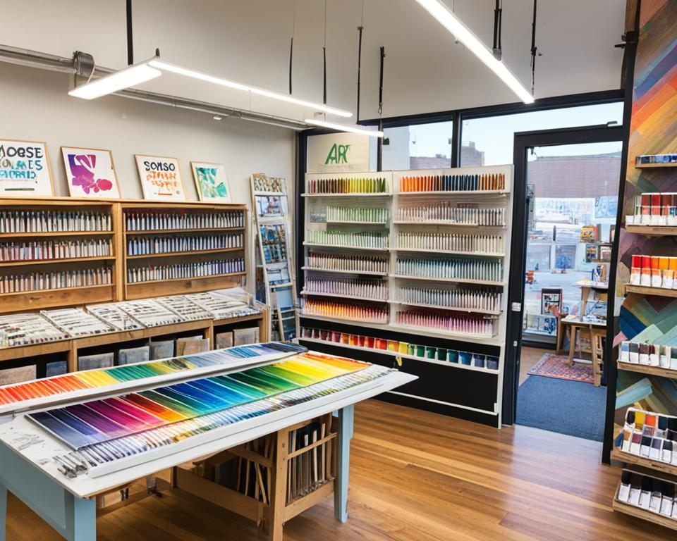 colorful array of paint tubes scattered on a wooden palette, surrounded by an assortment of paint brushes with long, tapered handles of various sizes. A jar filled with charcoal pencils sits nearby, while a stack of sketchbooks and a set of watercolor paints complete the artist's toolkit.