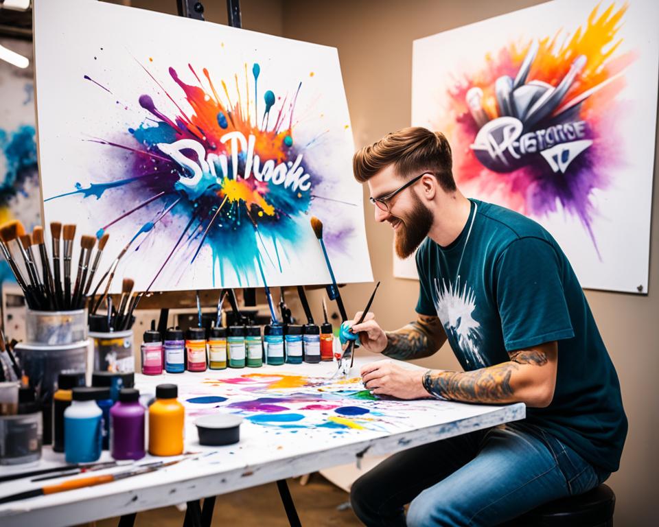 airbrush artist setting up their workspace with paint and tools scattered around. They are excitedly experimenting with different colors and techniques on a blank canvas, with focused concentration on their face. In the background, a poster of famous airbrush art hangs on the wall, inspiring the artist's creative process.